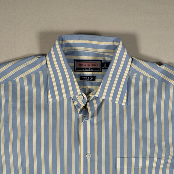 Vineyard Vines Mens 16 35 Dress Shirt Blue Yellow Stripe Button Up 100% Cotton - Picture 3 of 12